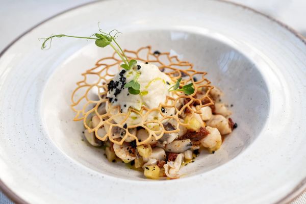 Delight in artful starters: Cuttlefish with chickpea espuma, a fine dining experience at Corte Restaurant, Almayer Art & Heritage Hotel