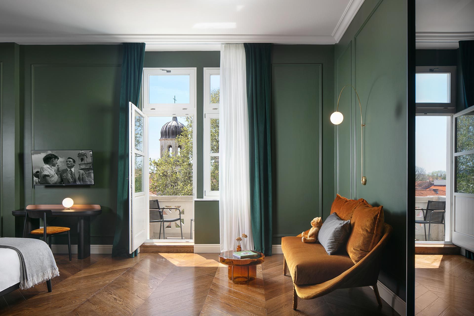 Almayer Dependance - Deluxe Double Room 'Gjika' – Lavish Interior with Open Balcony Doors, City and Park View, and Designer Sofa